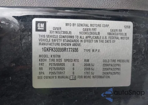 2009 GMC Yukon Slt2 from USA, damaged, VIN 1GKFK33099R177936